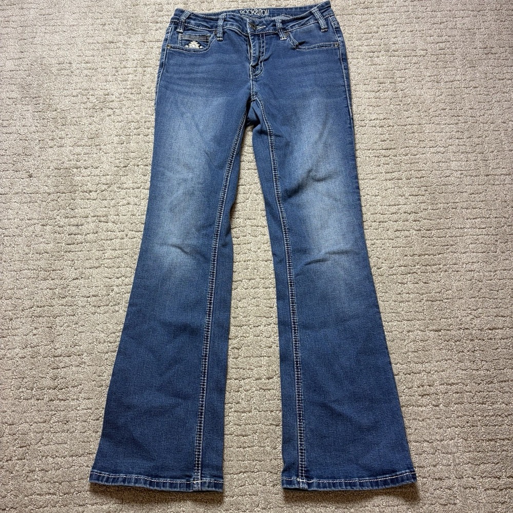 Rock and Roll Rival Low Rise Bootcut Blue Denim Jeans Embroidered Women's Sz 28